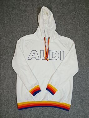 ALDI Gear Hoodie Mens Medium White Rainbow Trim Pullover Logo Sweatshirt